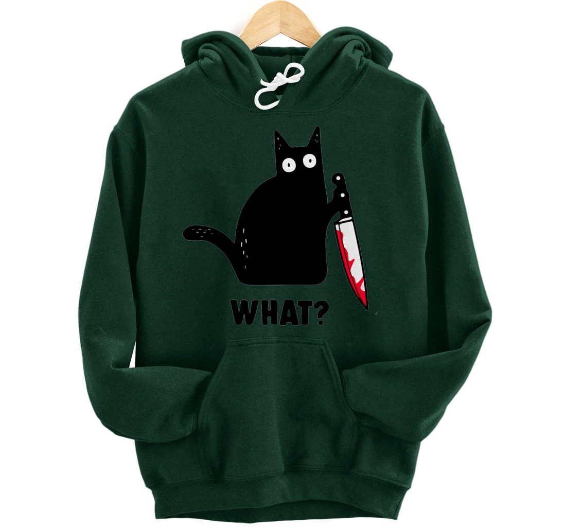 Cat What? Funny Black Cat Shirt, Murderous Cat With Knife Pullover Hoodie
