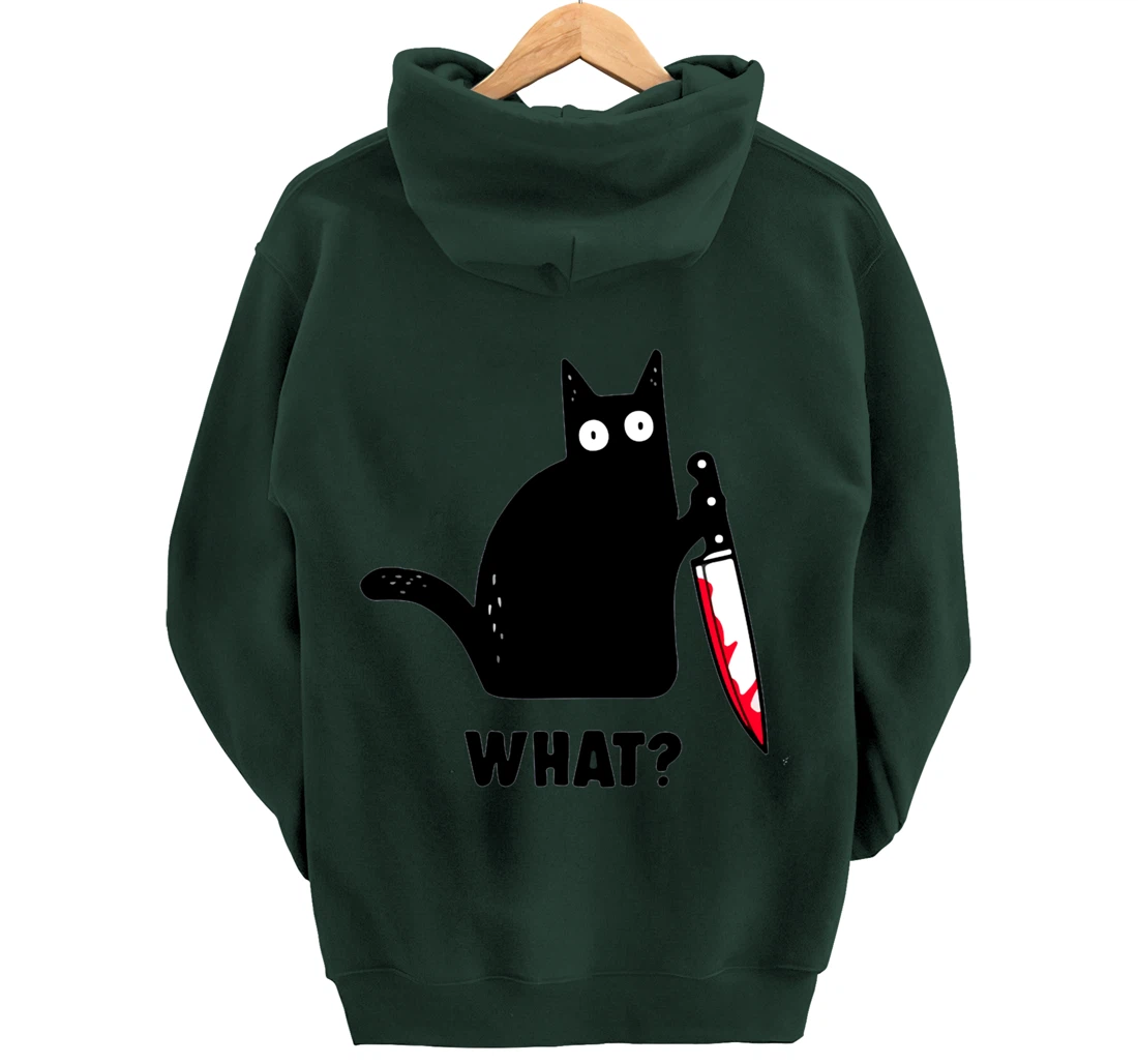 Cat What? Funny Black Cat Shirt, Murderous Cat With Knife Pullover Hoodie