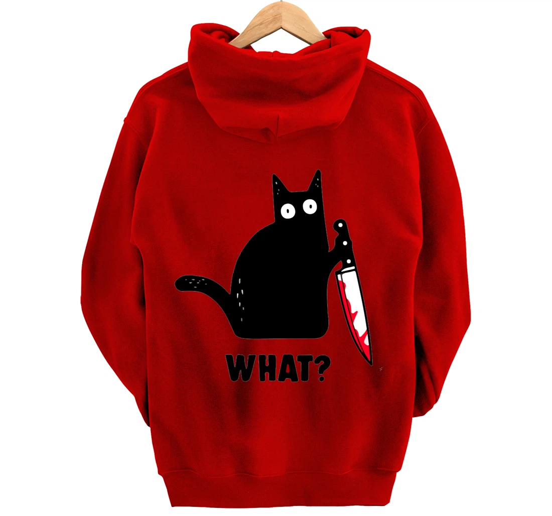 Cat What? Funny Black Cat Shirt, Murderous Cat With Knife Pullover Hoodie