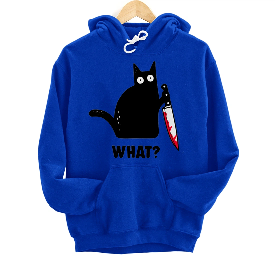 Cat What? Funny Black Cat Shirt, Murderous Cat With Knife Pullover Hoodie
