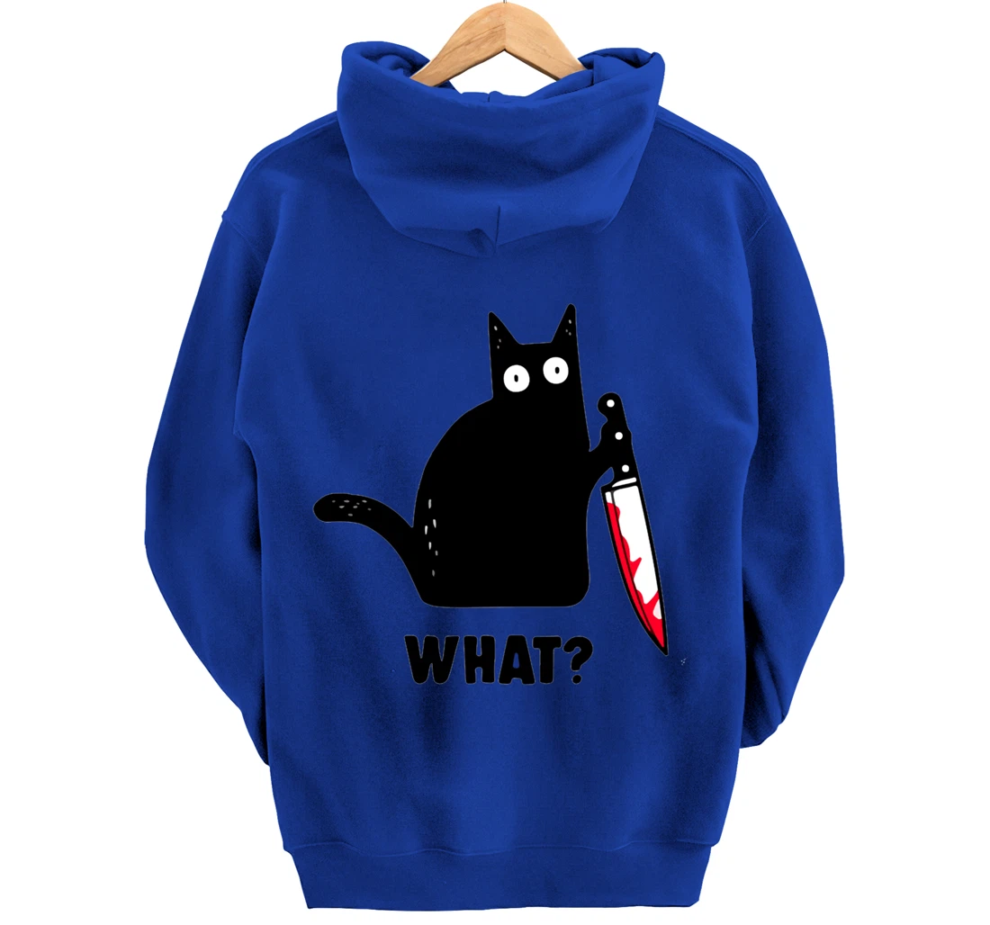 Cat What? Funny Black Cat Shirt, Murderous Cat With Knife Pullover Hoodie