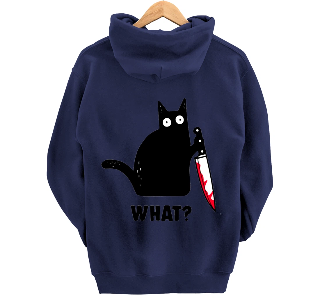 Cat What? Funny Black Cat Shirt, Murderous Cat With Knife Pullover Hoodie