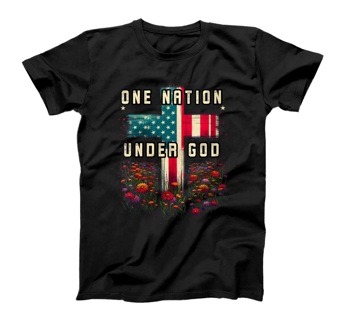 Womens One Nation Under God Cross Flower Meadow Christian American T-Shirt