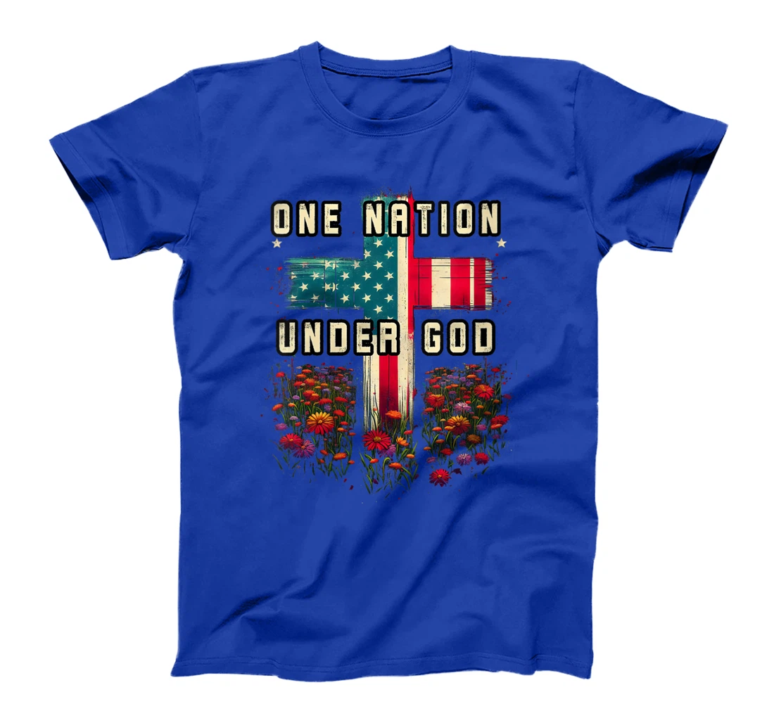 Womens One Nation Under God Cross Flower Meadow Christian American T-Shirt