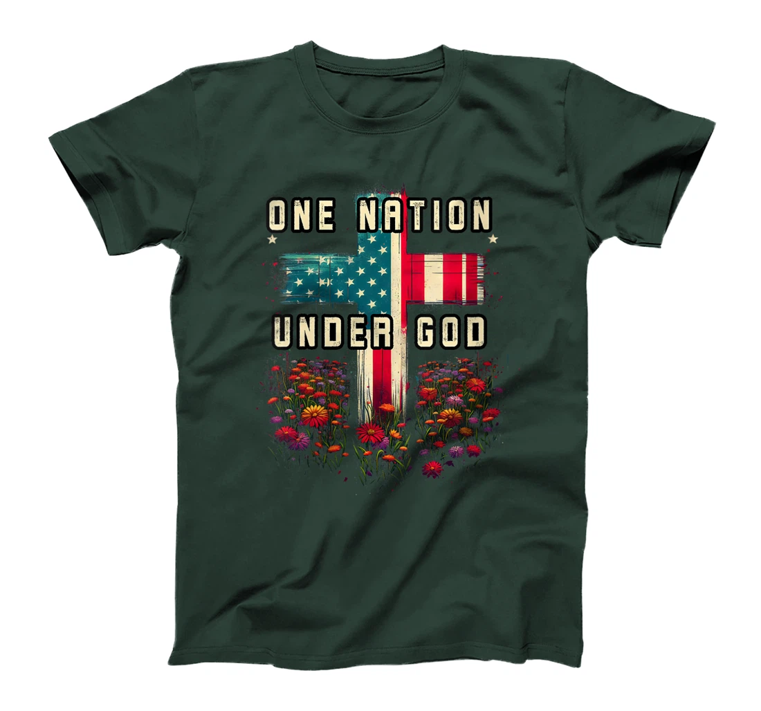 Womens One Nation Under God Cross Flower Meadow Christian American T-Shirt
