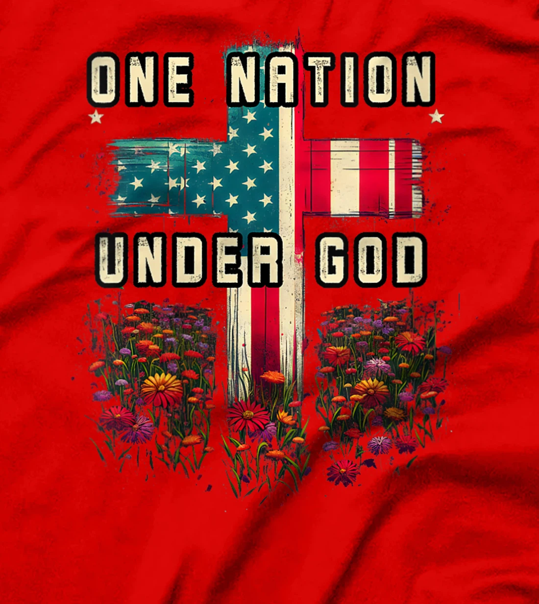 Womens One Nation Under God Cross Flower Meadow Christian American T-Shirt