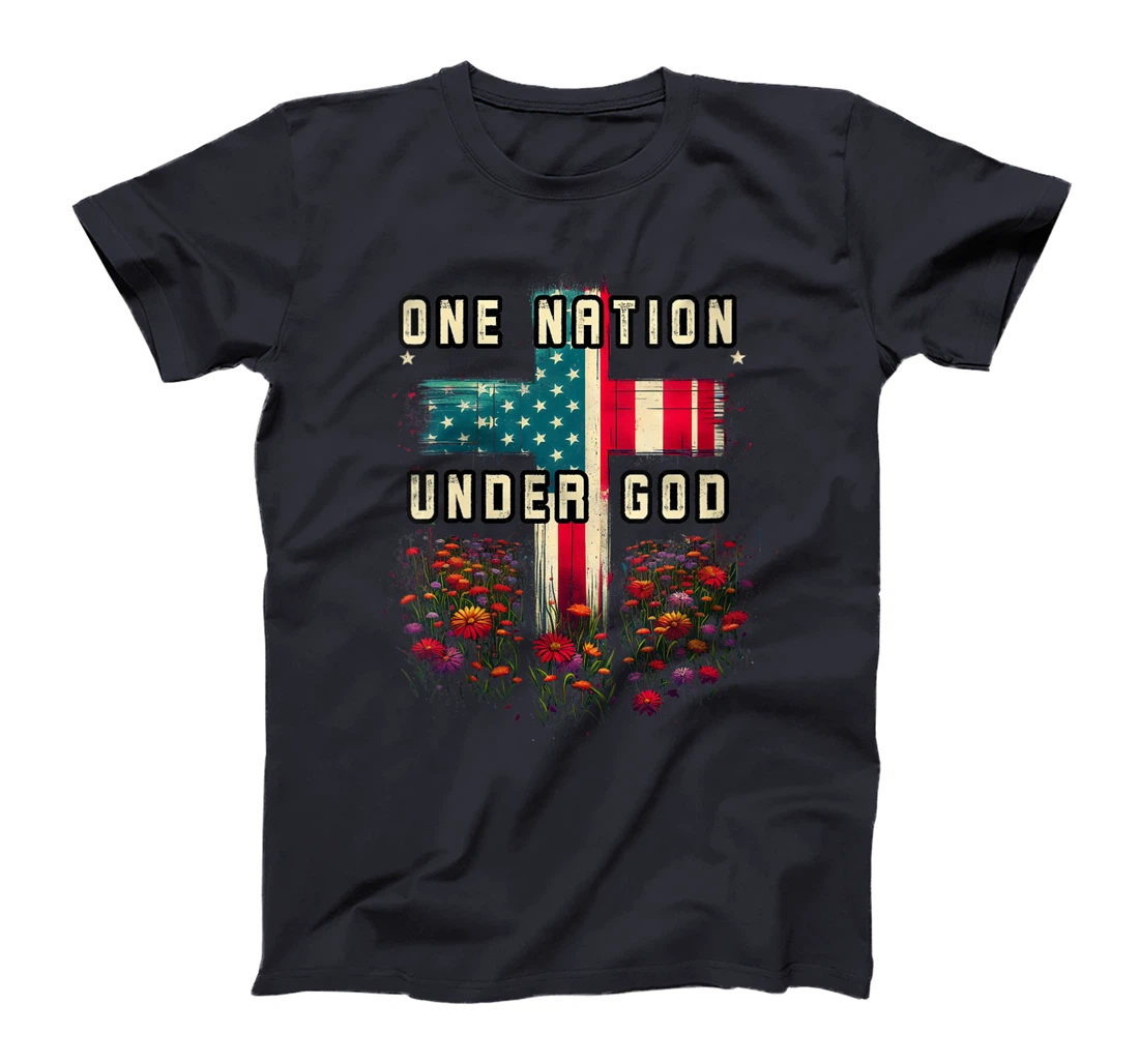 Womens One Nation Under God Cross Flower Meadow Christian American T-Shirt