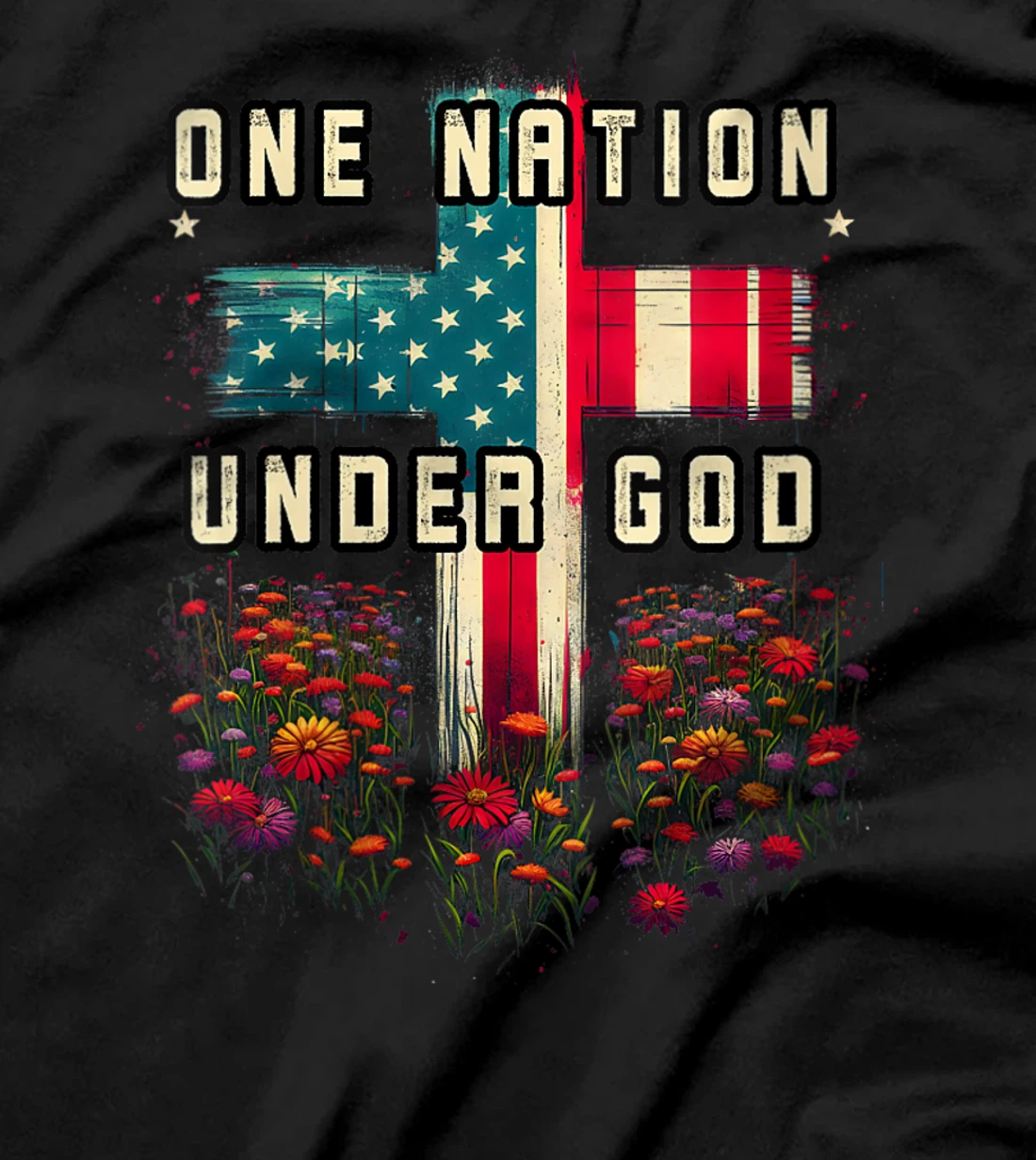 Womens One Nation Under God Cross Flower Meadow Christian American T-Shirt