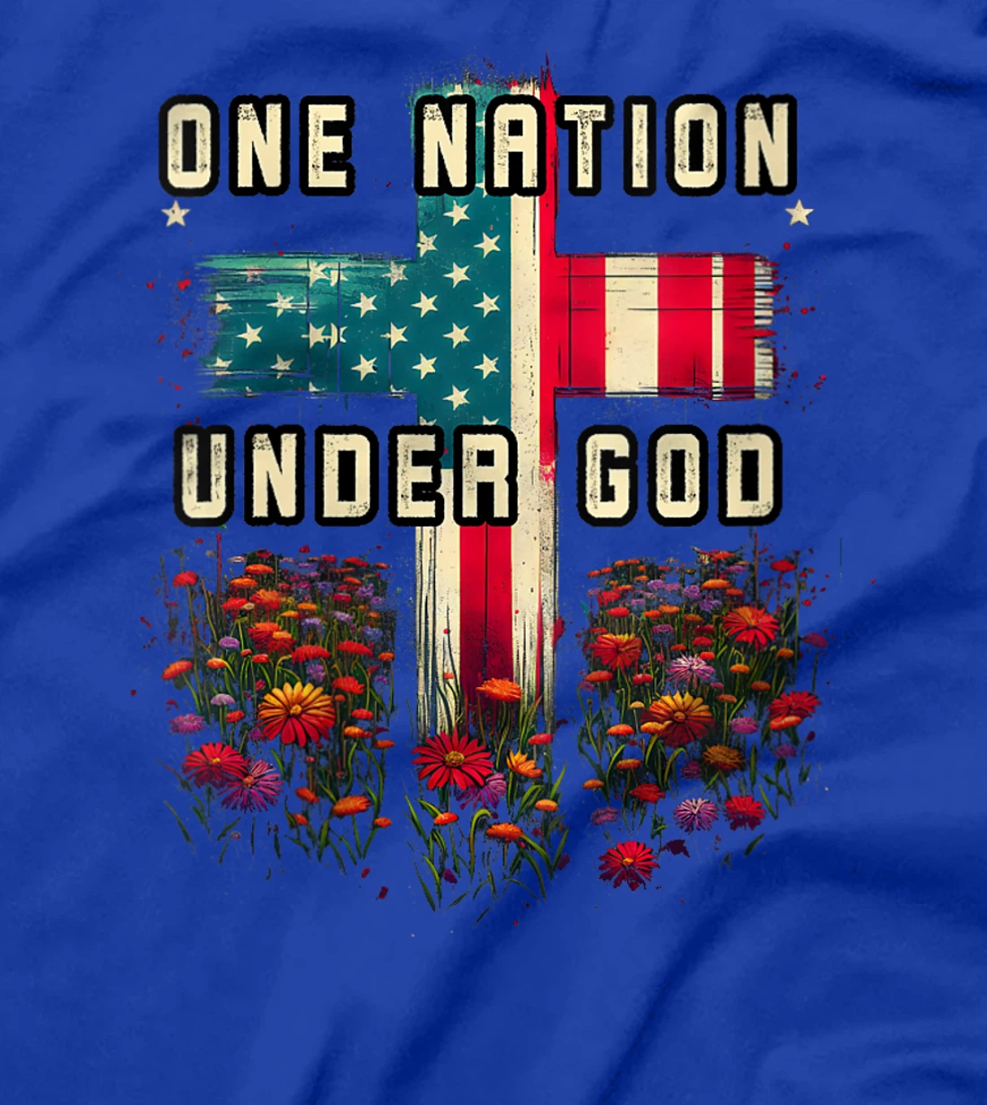 Womens One Nation Under God Cross Flower Meadow Christian American T-Shirt