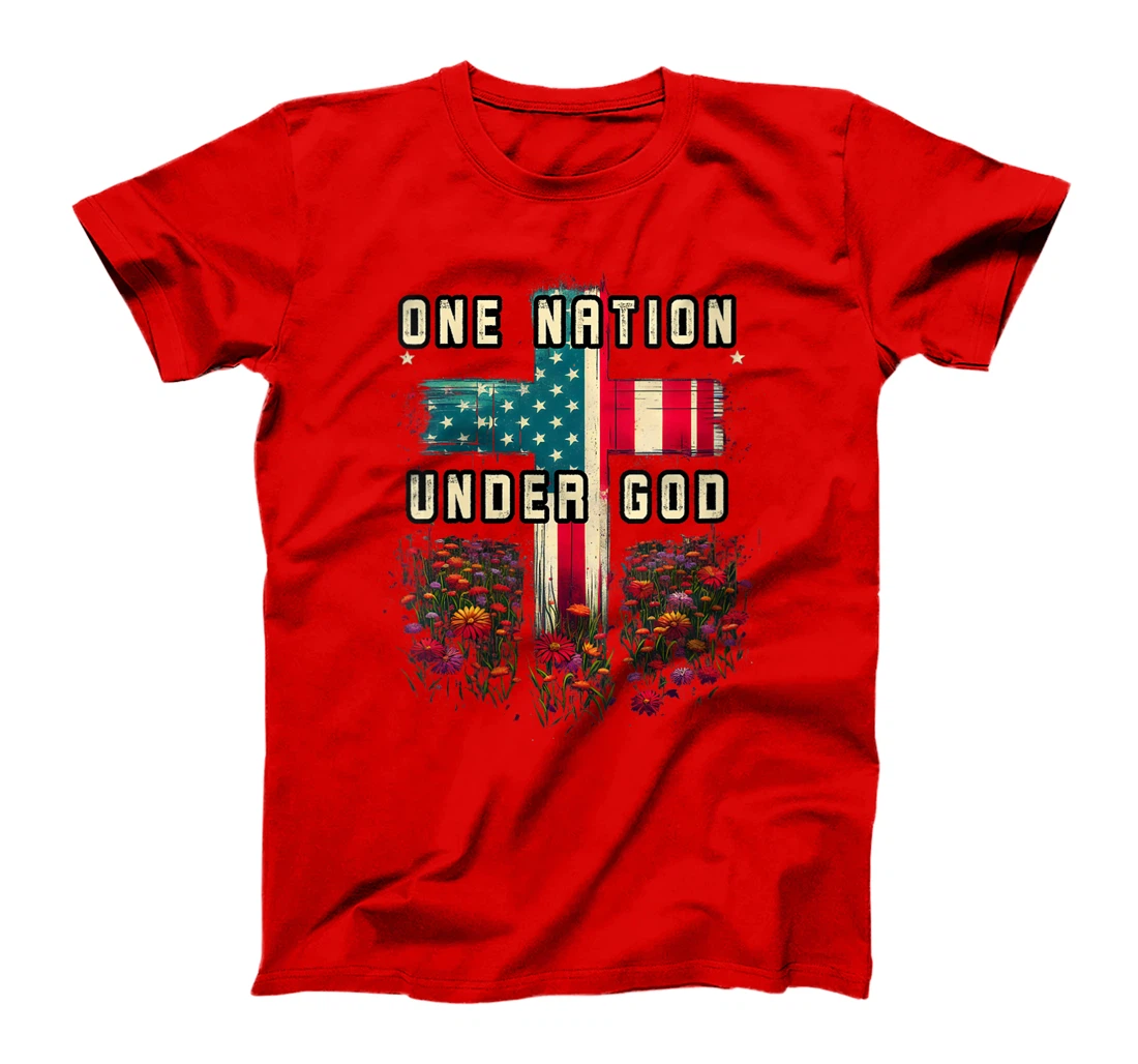 Womens One Nation Under God Cross Flower Meadow Christian American T-Shirt