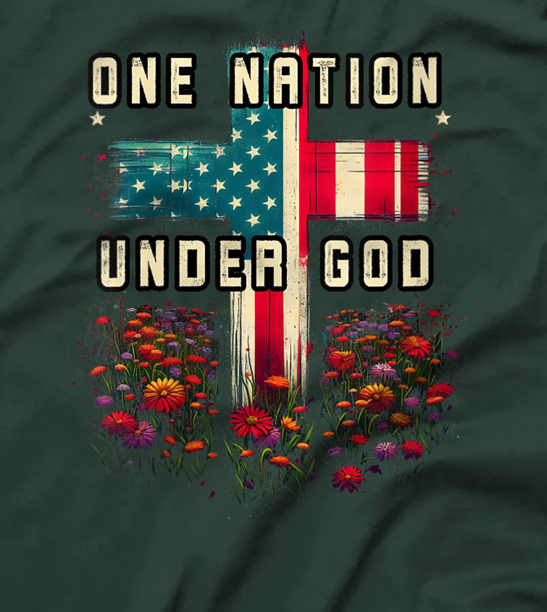 Womens One Nation Under God Cross Flower Meadow Christian American T-Shirt