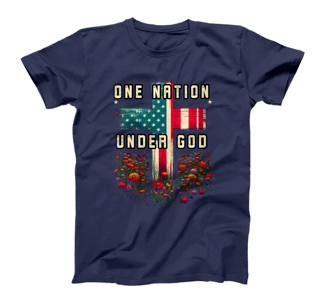 Womens One Nation Under God Cross Flower Meadow Christian American T-Shirt