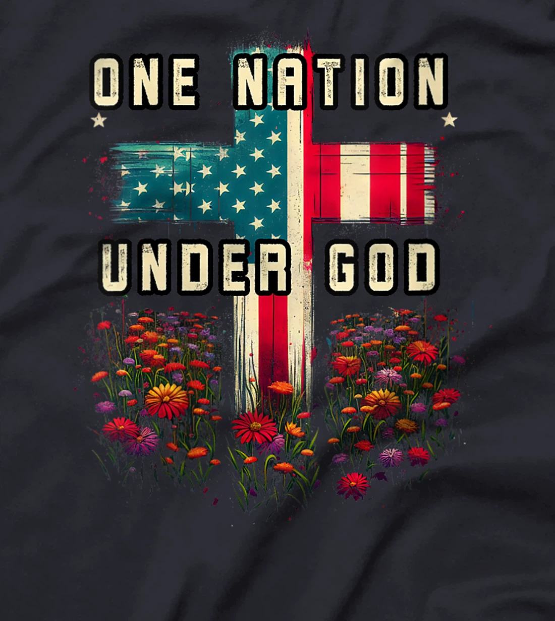 Womens One Nation Under God Cross Flower Meadow Christian American T-Shirt