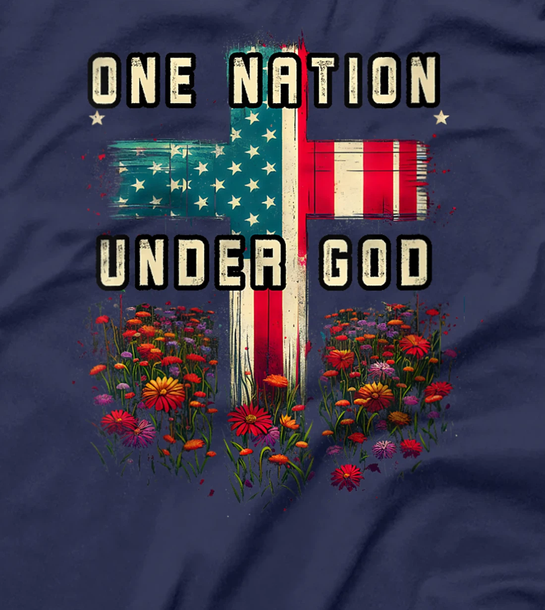 Womens One Nation Under God Cross Flower Meadow Christian American T-Shirt