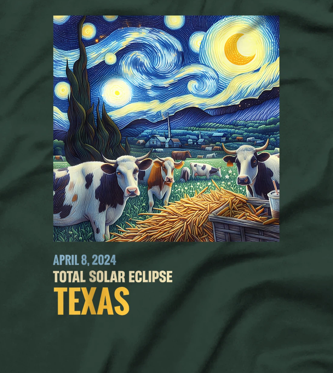 Total Solar Eclipse 2024 Texas Cow Starry Night Funny T-Shirt