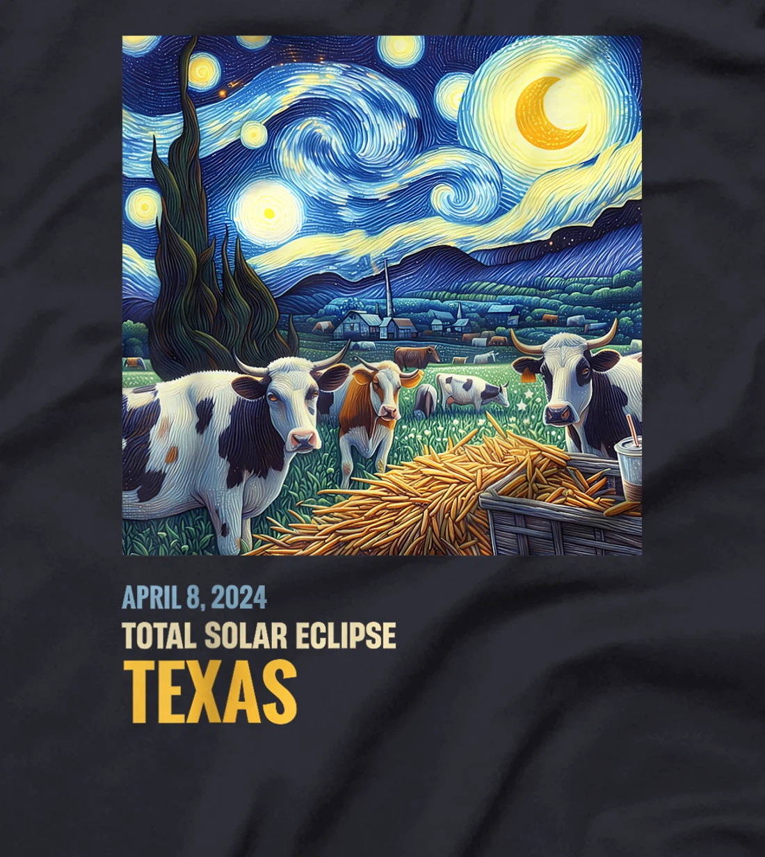 Total Solar Eclipse 2024 Texas Cow Starry Night Funny T-Shirt
