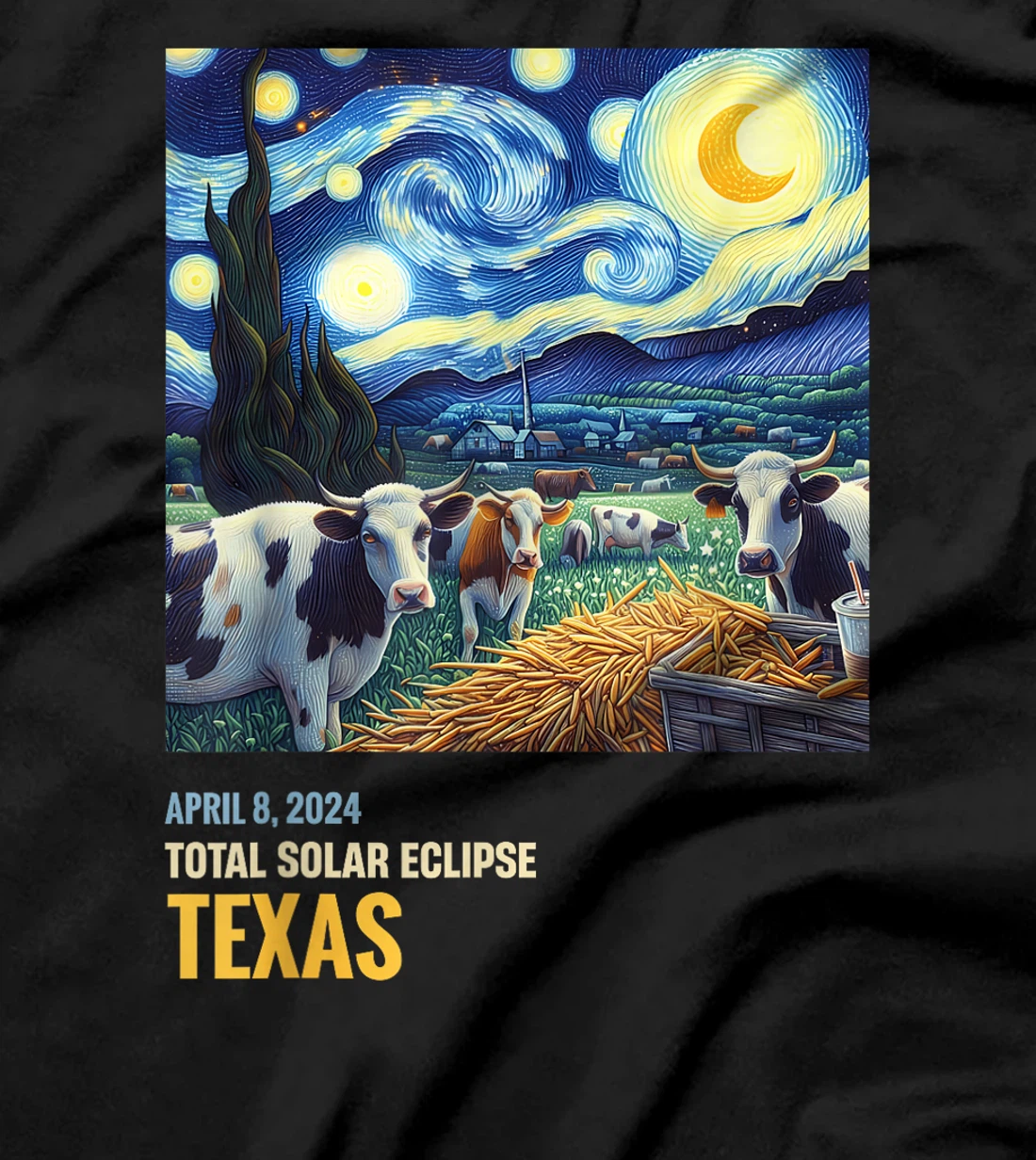 Total Solar Eclipse 2024 Texas Cow Starry Night Funny T-Shirt