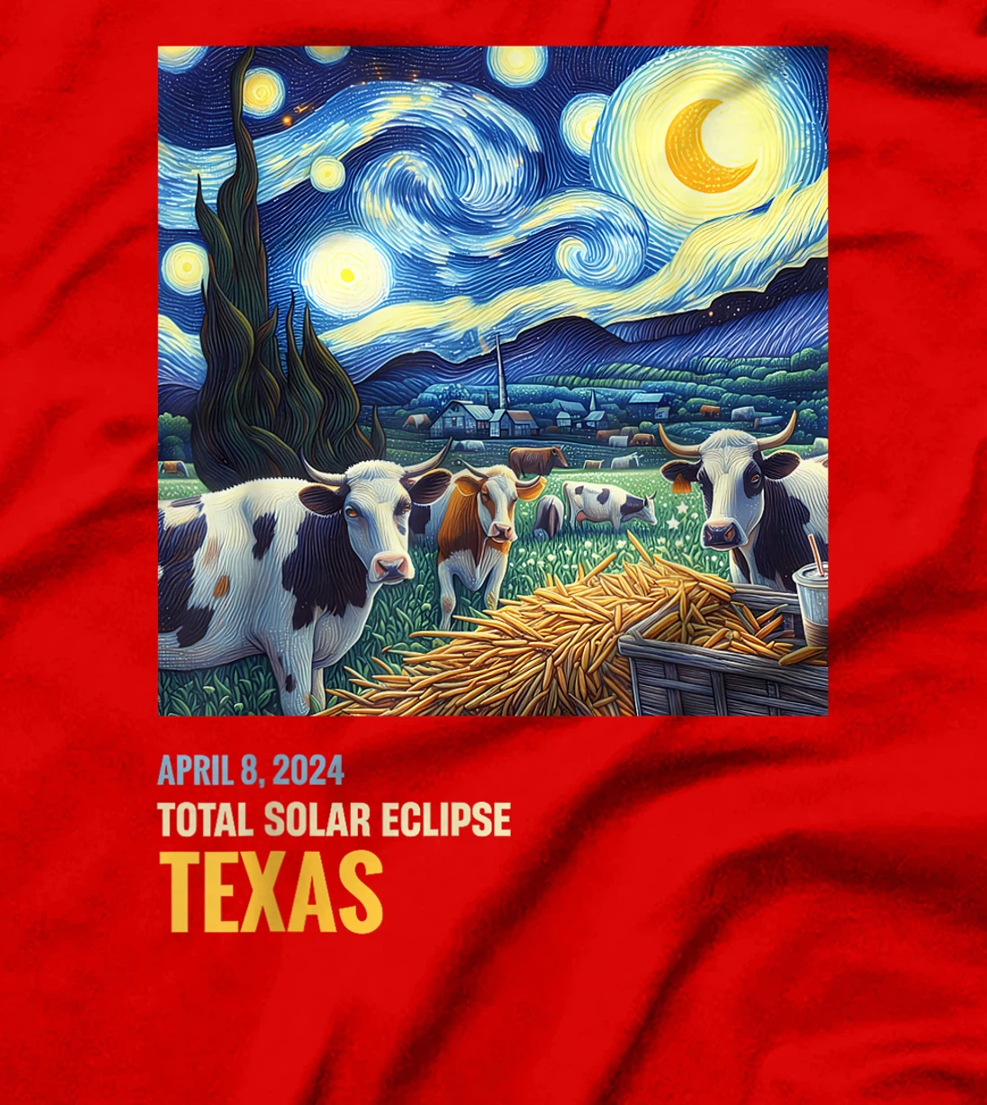 Total Solar Eclipse 2024 Texas Cow Starry Night Funny T-Shirt