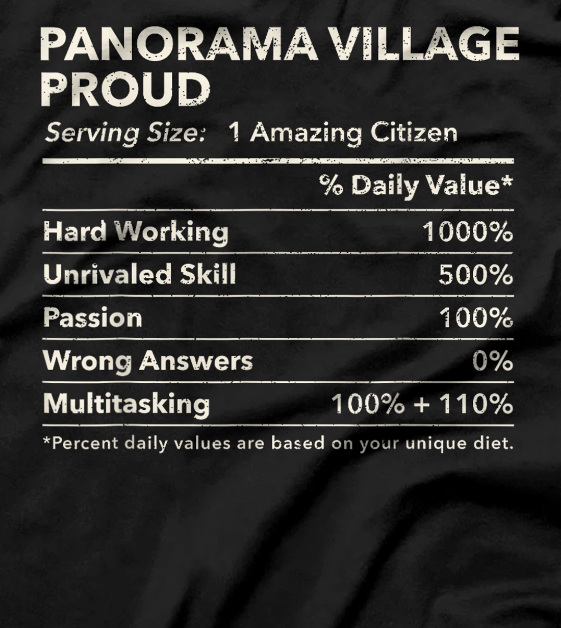 Panorama Village, Texas Proud Nutrition Facts T-Shirt