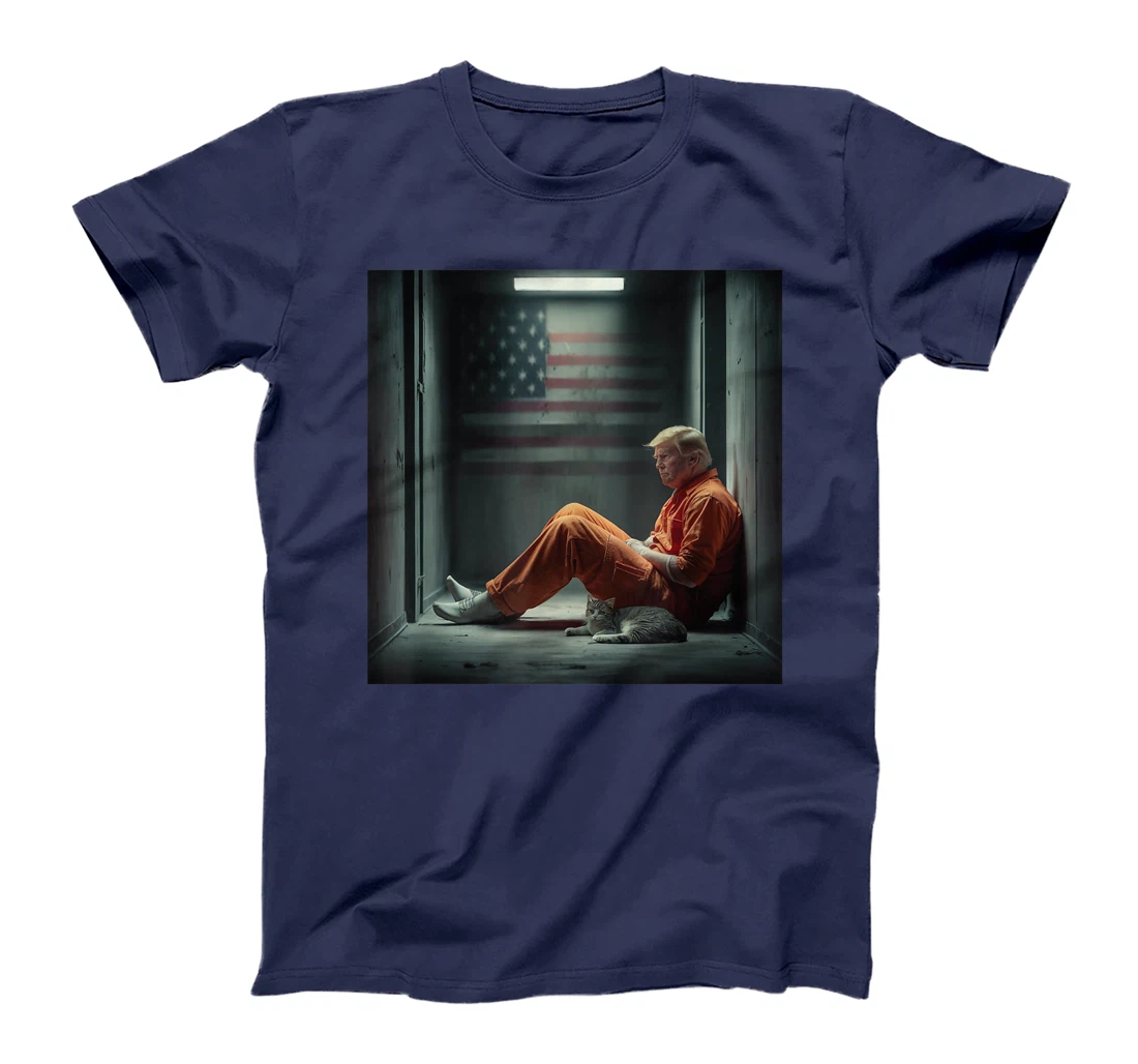 Trump 2024 for prisoner sign with american flag and cat T-Shirt