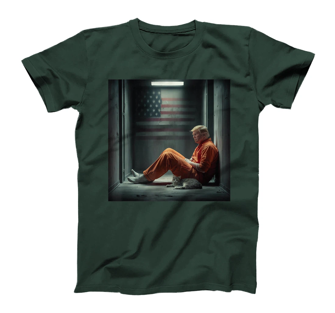 Trump 2024 for prisoner sign with american flag and cat T-Shirt