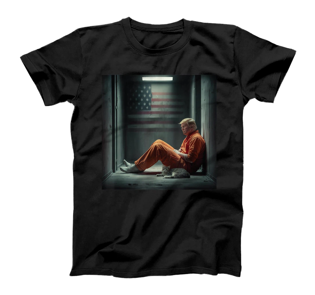 Trump 2024 for prisoner sign with american flag and cat T-Shirt