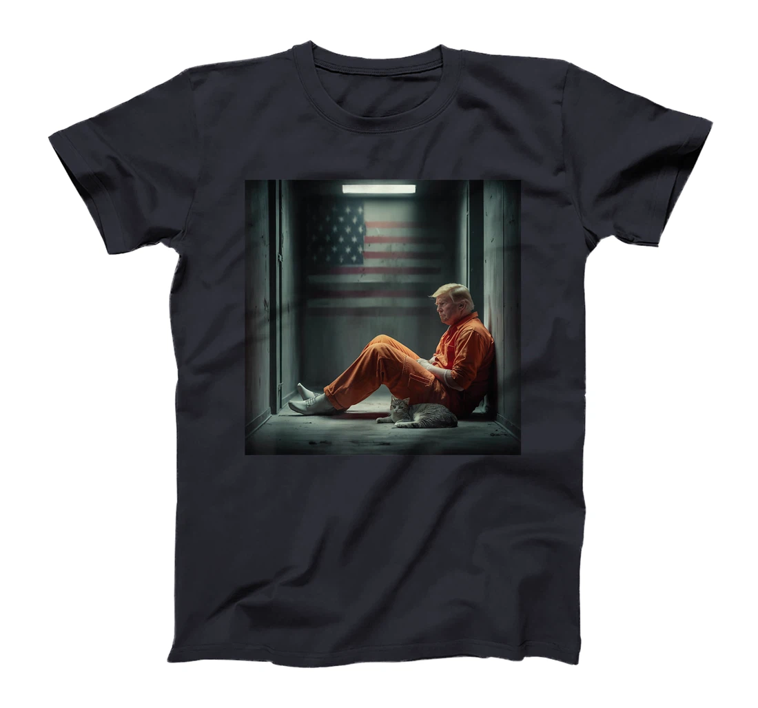 Trump 2024 for prisoner sign with american flag and cat T-Shirt