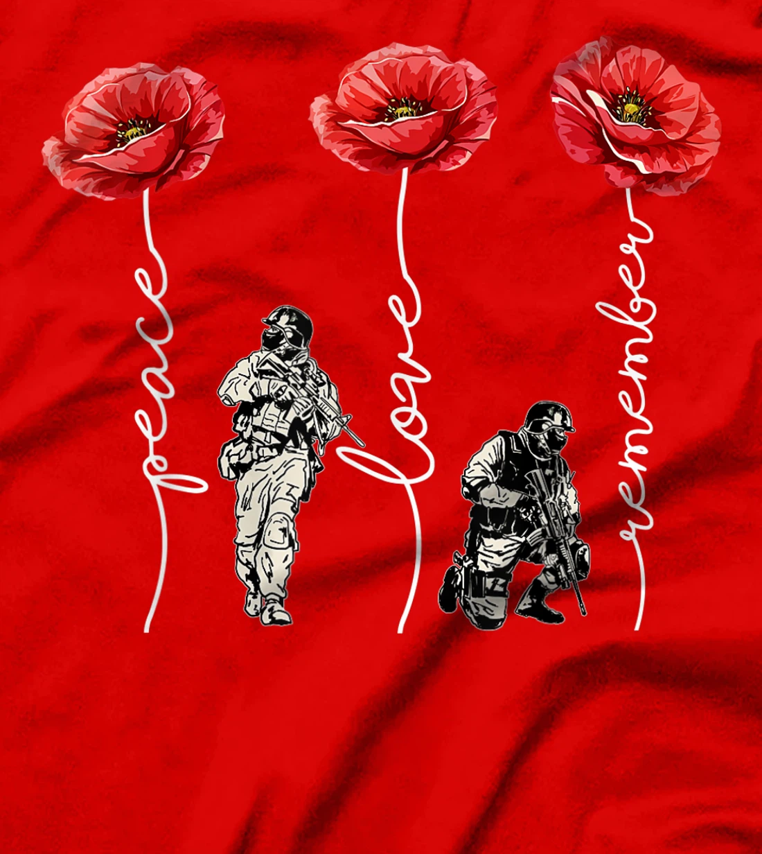 Peace Love Remember Red Poppy Flower Soldier Veteran Day T-Shirt