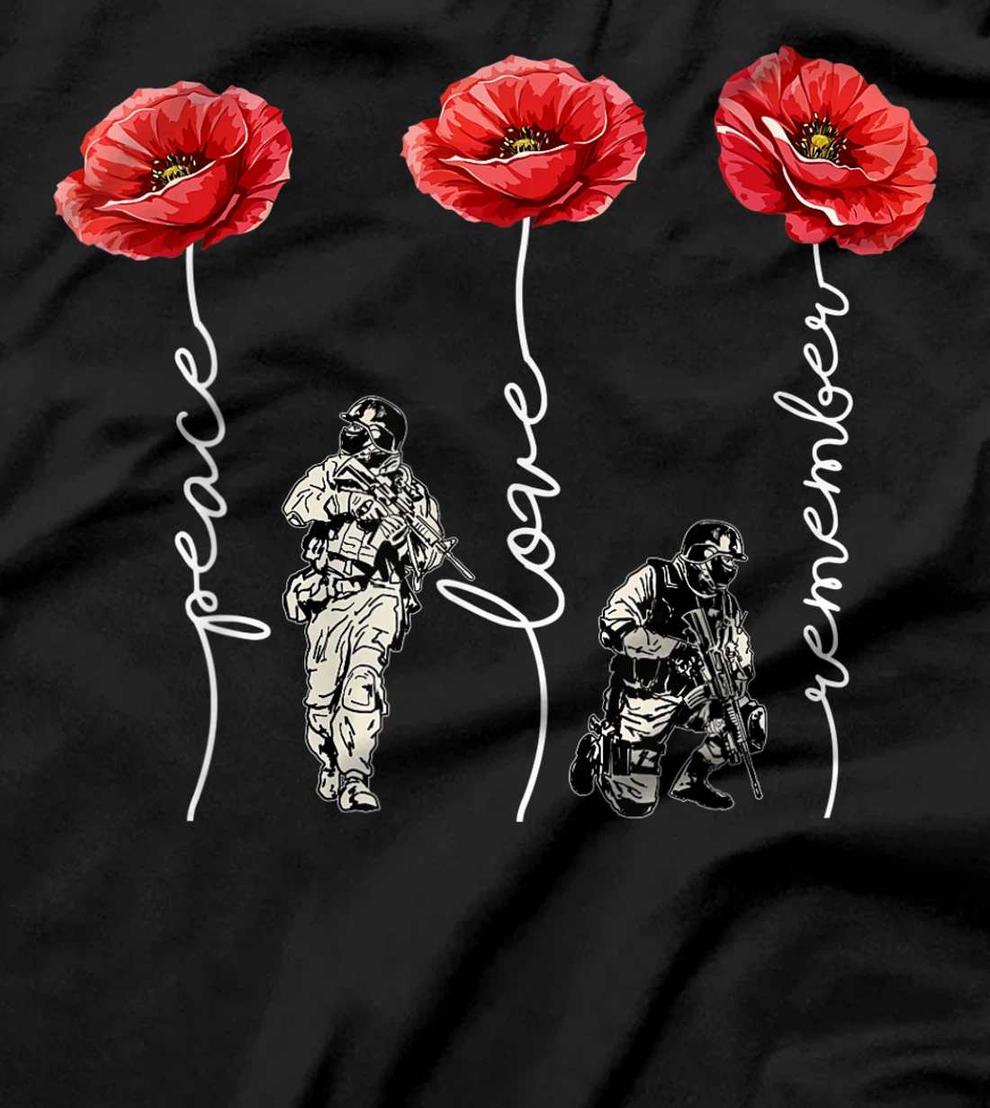 Peace Love Remember Red Poppy Flower Soldier Veteran Day T-Shirt