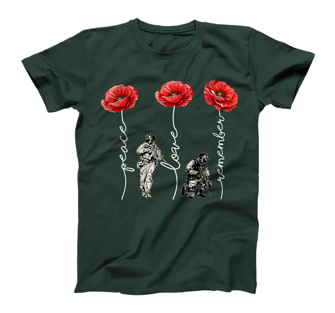 Peace Love Remember Red Poppy Flower Soldier Veteran Day T-Shirt