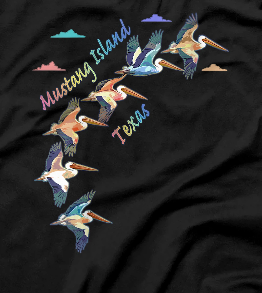 Womens Mustang Island Texas Colorful Tie-Dye Pelican Art T-Shirt