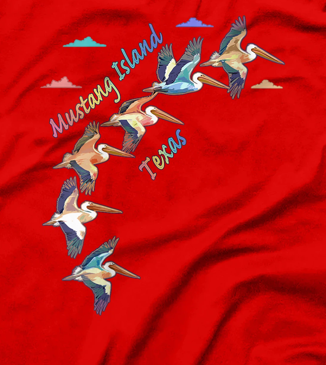 Womens Mustang Island Texas Colorful Tie-Dye Pelican Art T-Shirt