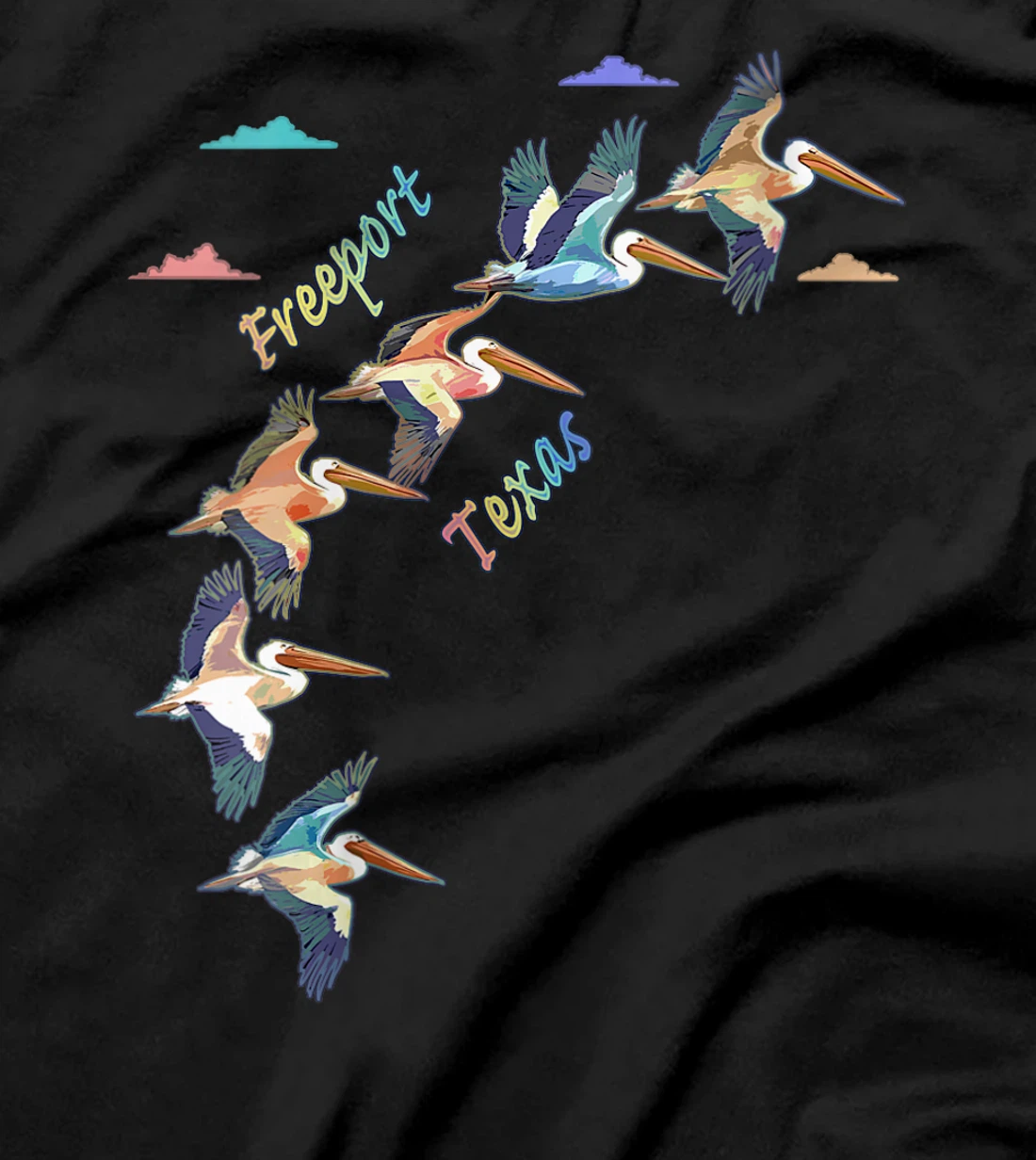 Womens Freeport Texas Colorful Tie-Dye Pelican Art T-Shirt