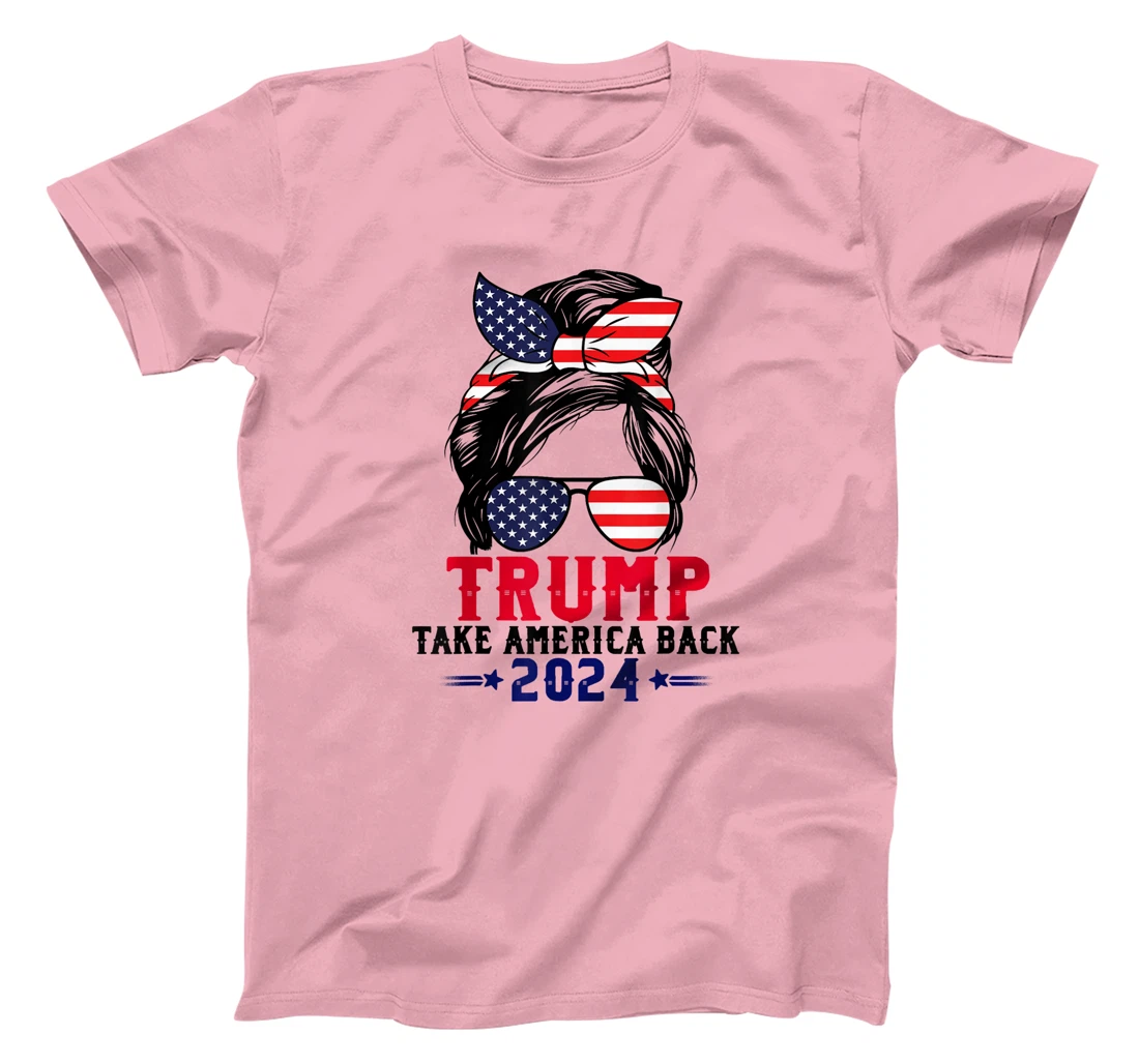 Womens Trump 2024 Take America Back Messy Bun Girl US American Flag T-Shirt