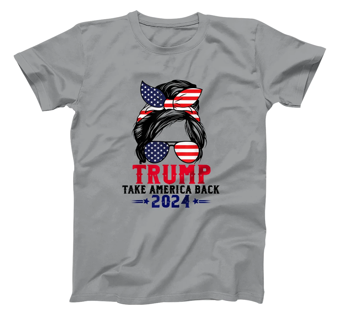 Womens Trump 2024 Take America Back Messy Bun Girl US American Flag T-Shirt