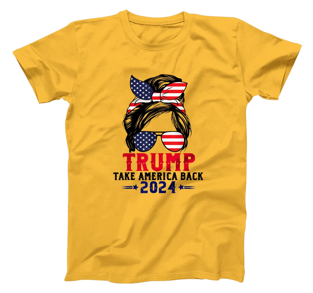 Womens Trump 2024 Take America Back Messy Bun Girl US American Flag T-Shirt