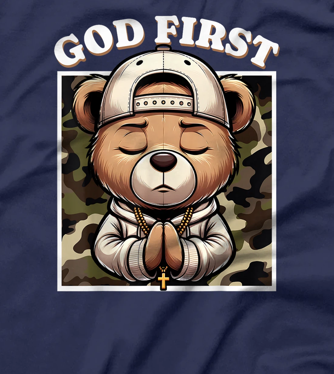 Womens God First Hip Hop Camo Teddy Bear Christian Streetwear Pray T-Shirt
