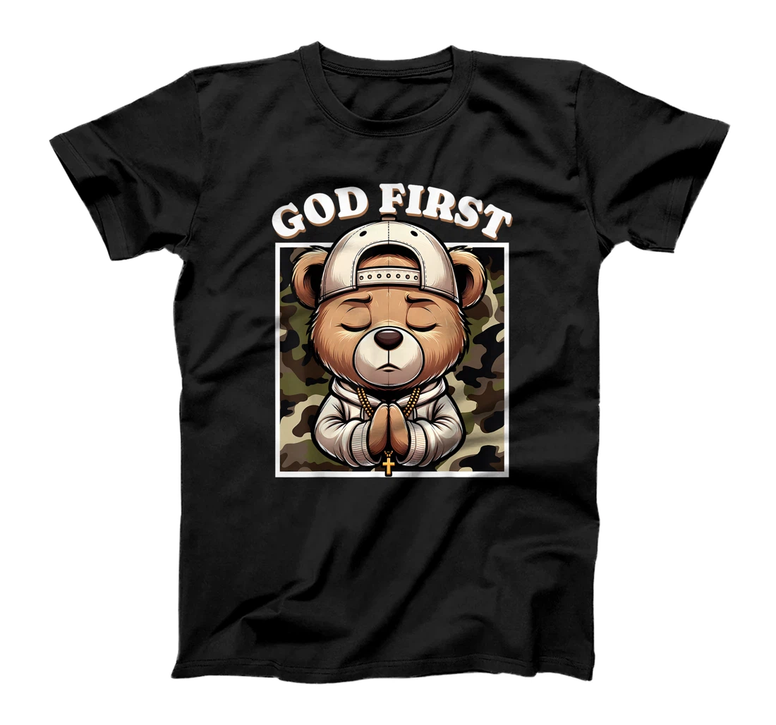 Womens God First Hip Hop Camo Teddy Bear Christian Streetwear Pray T-Shirt