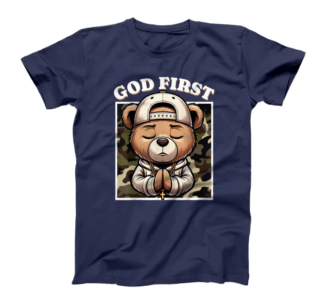 Womens God First Hip Hop Camo Teddy Bear Christian Streetwear Pray T-Shirt