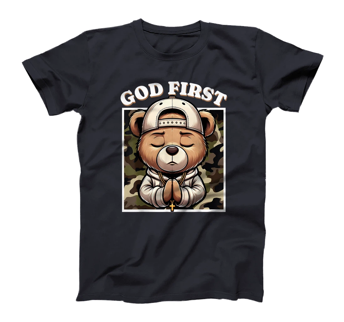 Womens God First Hip Hop Camo Teddy Bear Christian Streetwear Pray T-Shirt