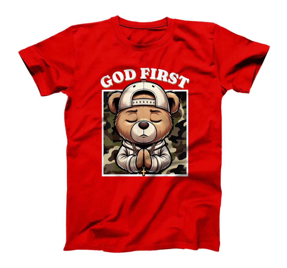 Womens God First Hip Hop Camo Teddy Bear Christian Streetwear Pray T-Shirt