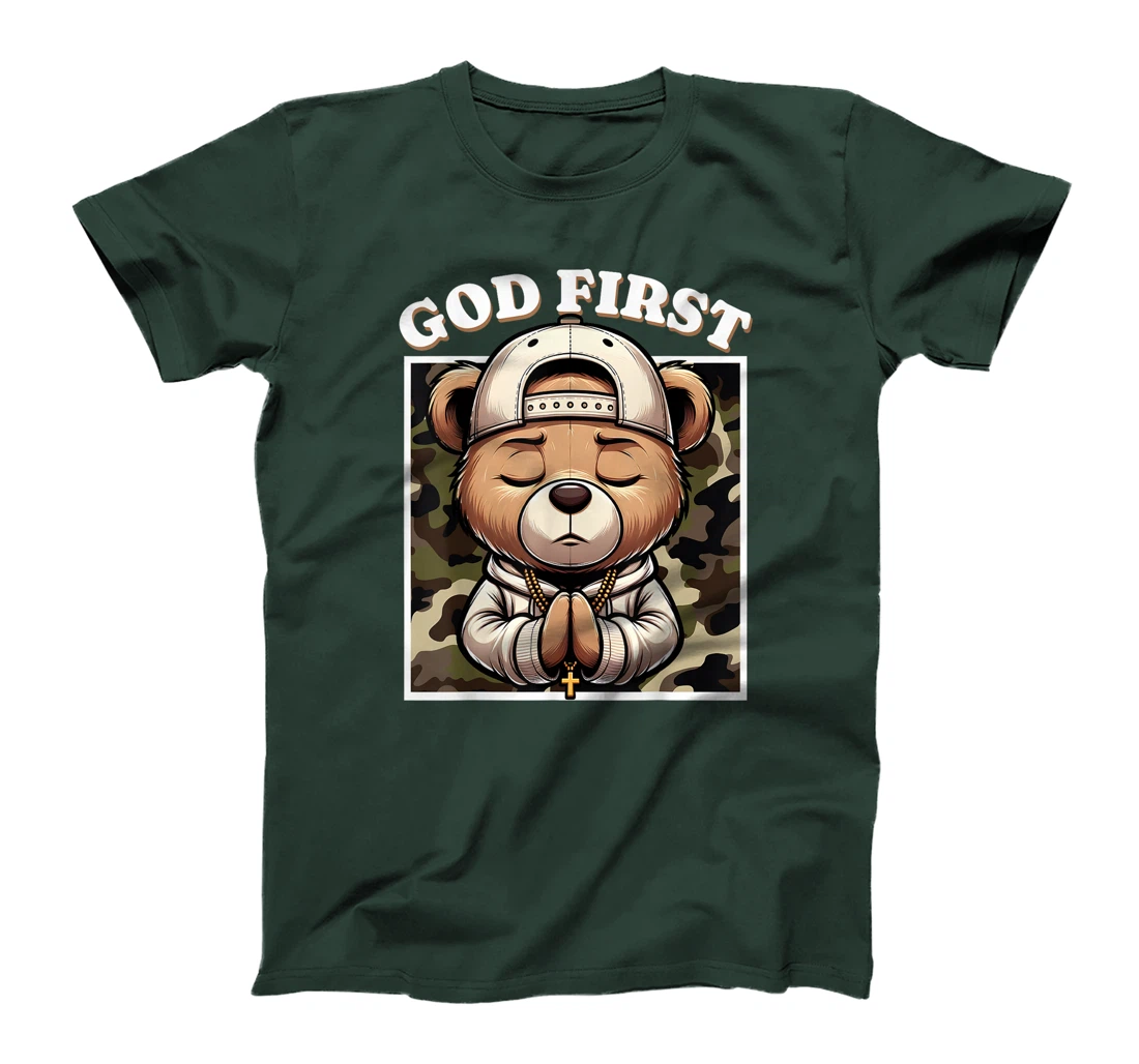Womens God First Hip Hop Camo Teddy Bear Christian Streetwear Pray T-Shirt