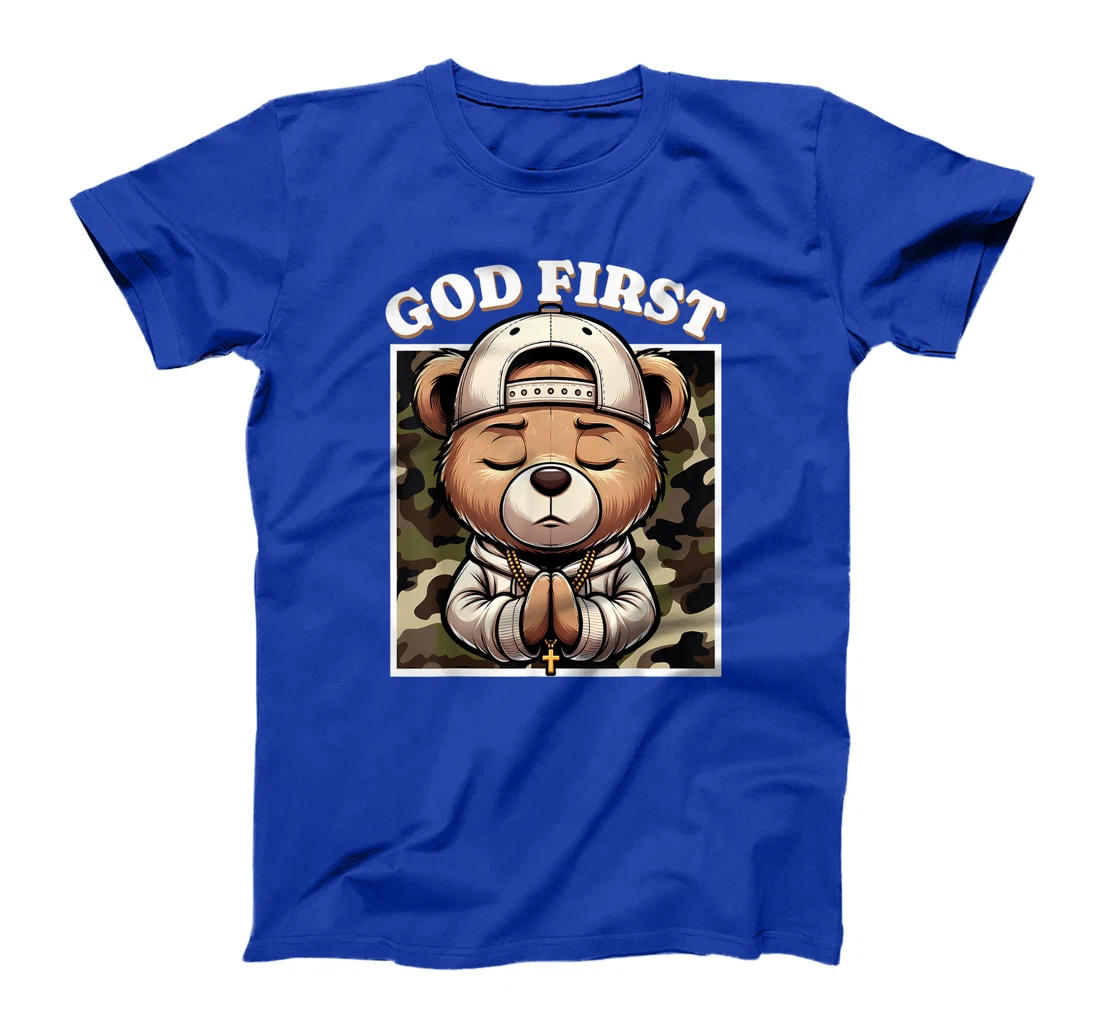 Womens God First Hip Hop Camo Teddy Bear Christian Streetwear Pray T-Shirt