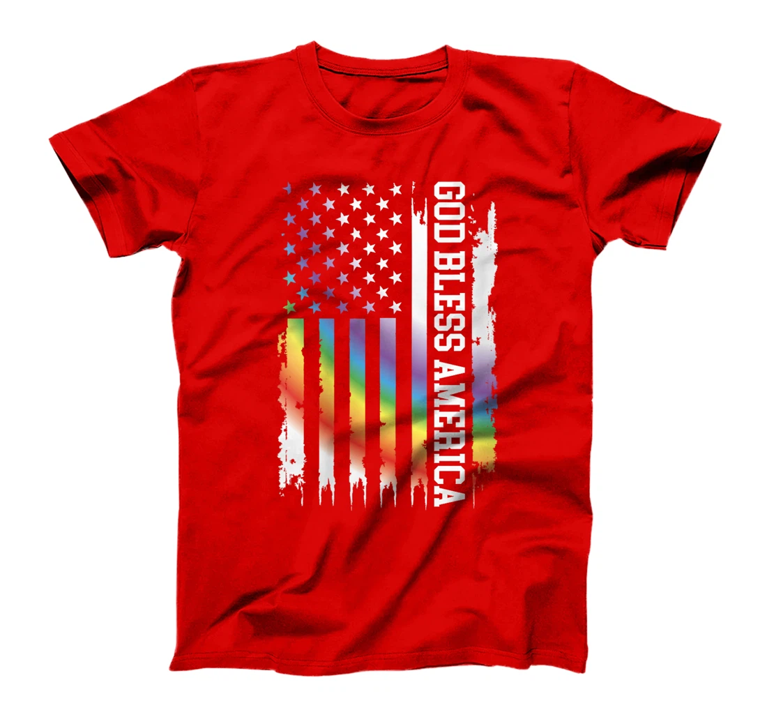 Womens God Bless America United States Rainbow w US Flag T-Shirt