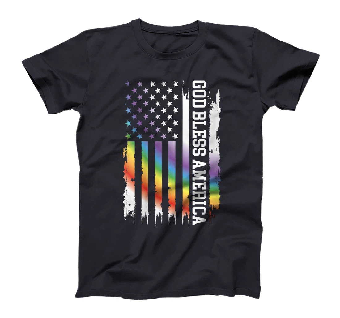 Womens God Bless America United States Rainbow w US Flag T-Shirt