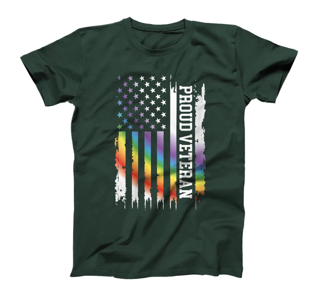 Womens Proud Veteran United States Distressed Rainbow w US Flag T-Shirt
