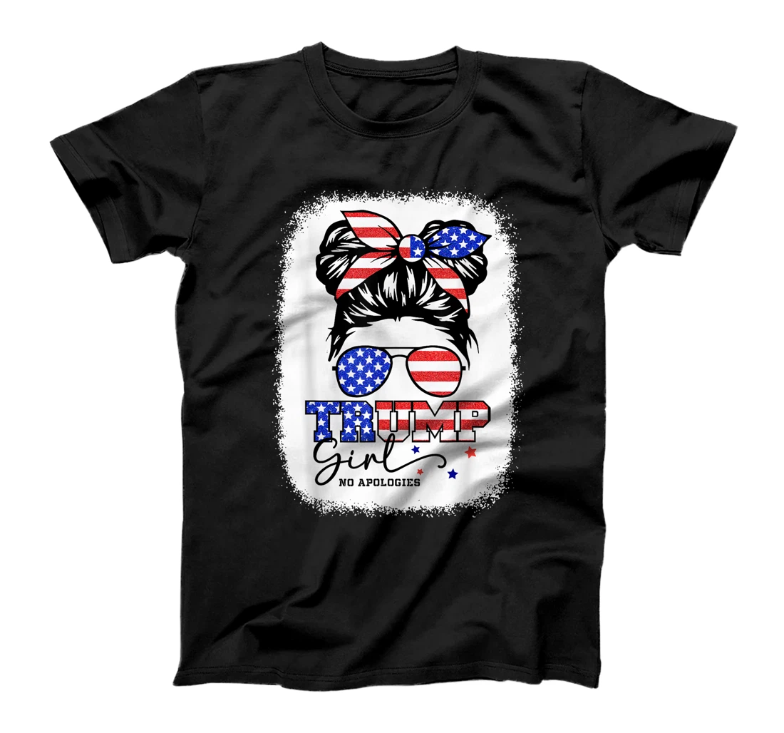 Trump Girl No Apologies Messy Bun Trump 2024 American Flag T-Shirt
