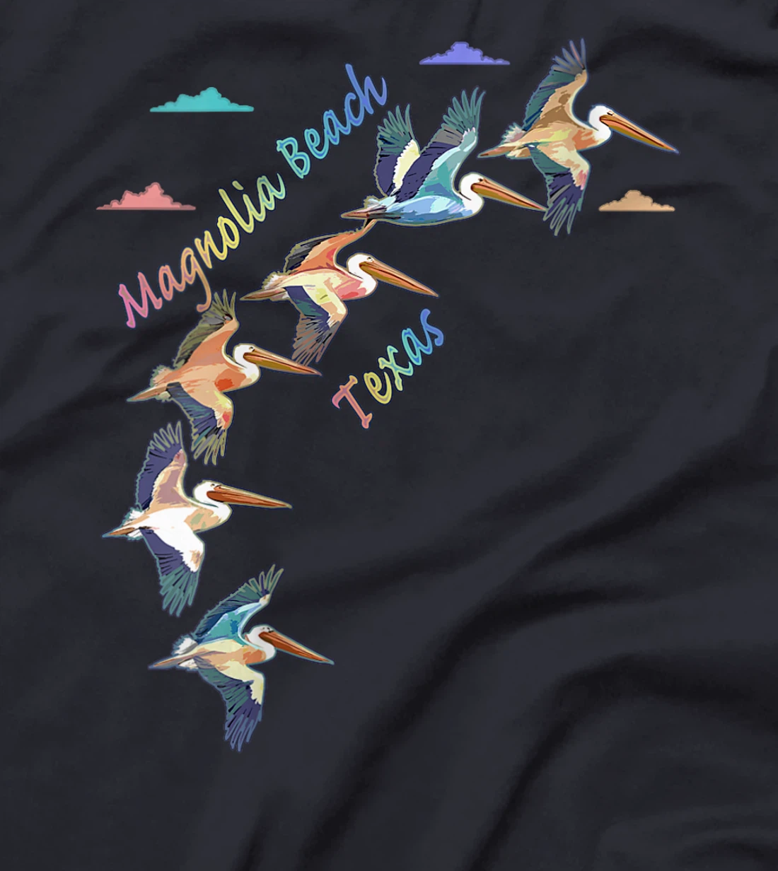 Womens Magnolia Beach Texas Colorful Tie-Dye Pelican Art T-Shirt