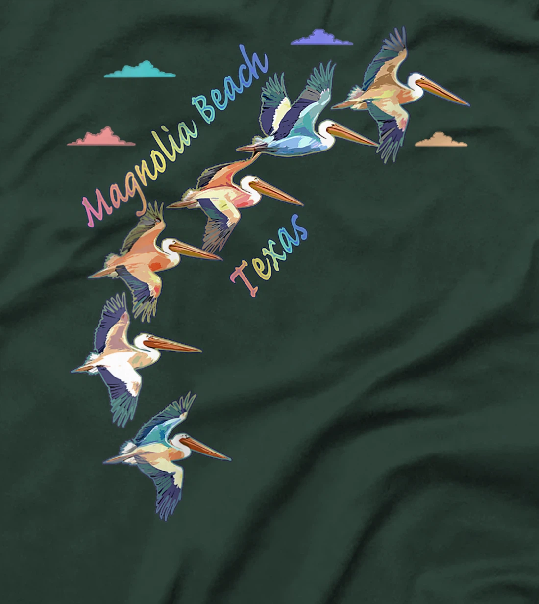 Womens Magnolia Beach Texas Colorful Tie-Dye Pelican Art T-Shirt