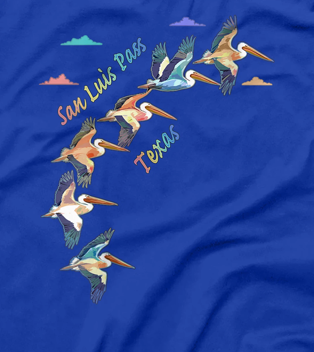 Womens San Luis Pass Texas Colorful Tie-Dye Pelican Art T-Shirt